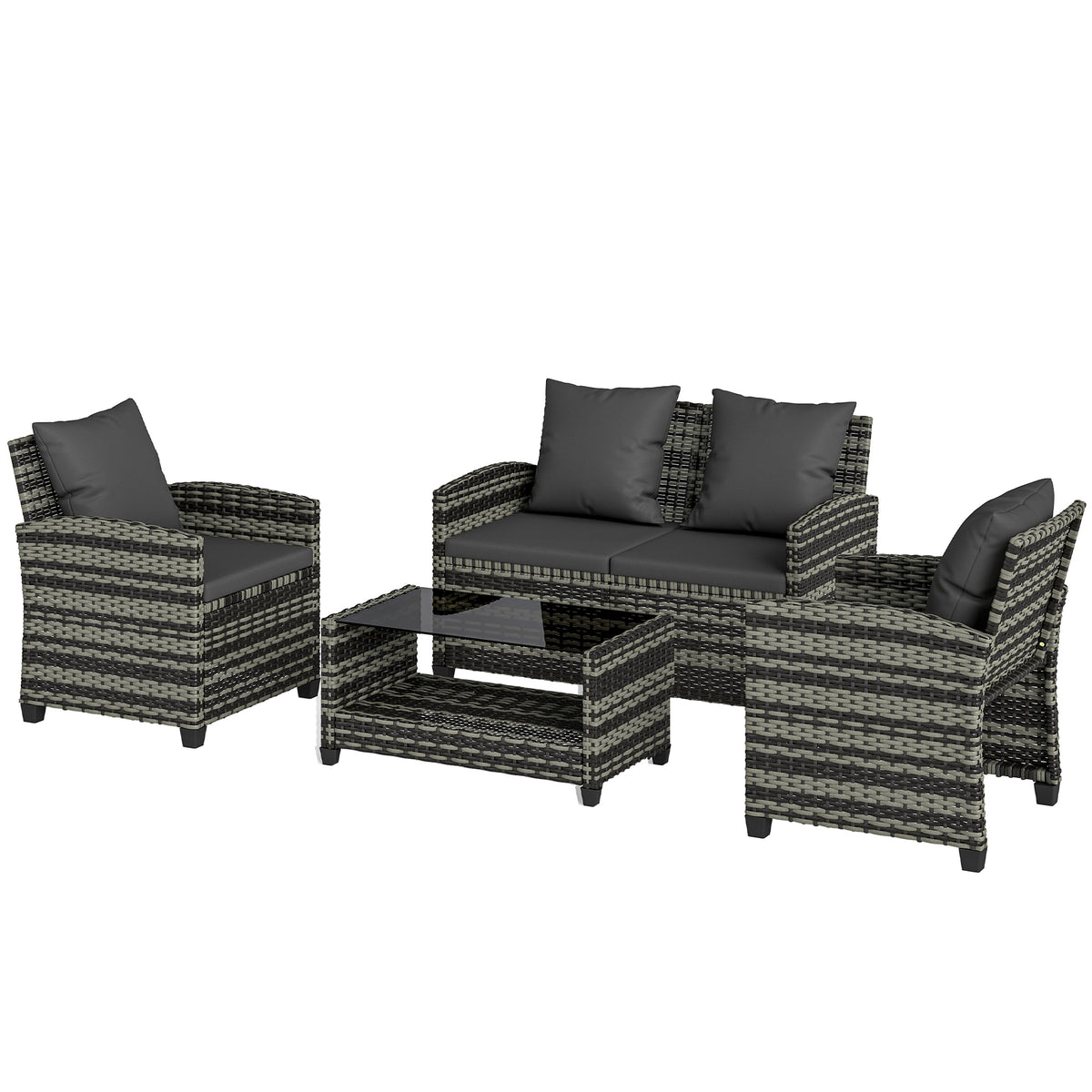 4-Piece Outdoor Wicker Patio Furniture Conversation Set, Includes Loveseat, Chairs and 2-Tier Table with Cushions, Modern Rattan Sofa Set for Backyard – Dark Grey