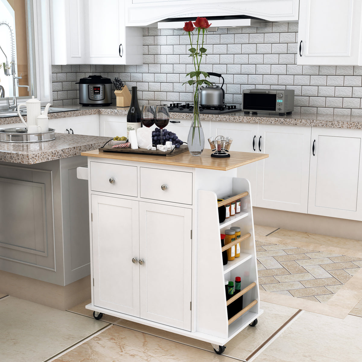 Rolling Kitchen Island Trolley Storage Cart with Rubber Wood Top – 35"W x 35"H