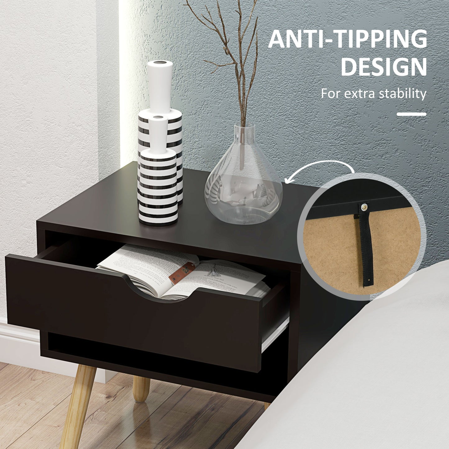 Set of 2 Modern Black Nightstands with Drawer, Shelf, Wooden Legs for Bedroom