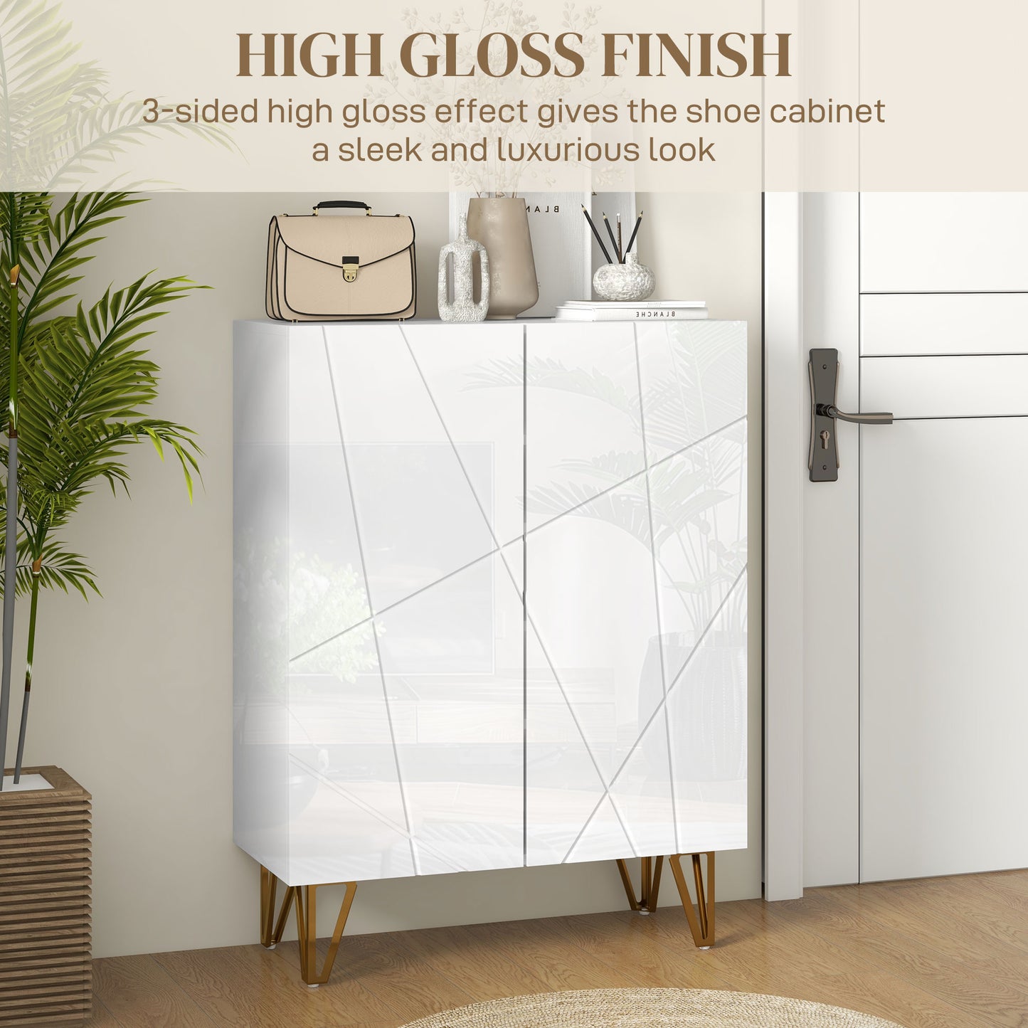 HOMCOM Narrow High Gloss White Shoe Cabinet with Soft-Close Adjustable Shelves
