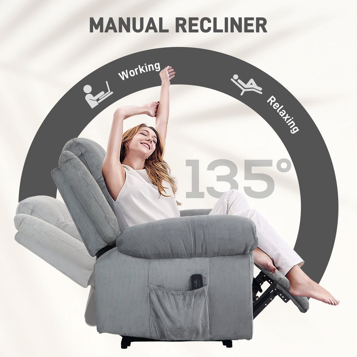 HOMCOM Manual Recliner Chair with Vibration Massage, Side Pockets, Plush Corduroy Fabric, Grey