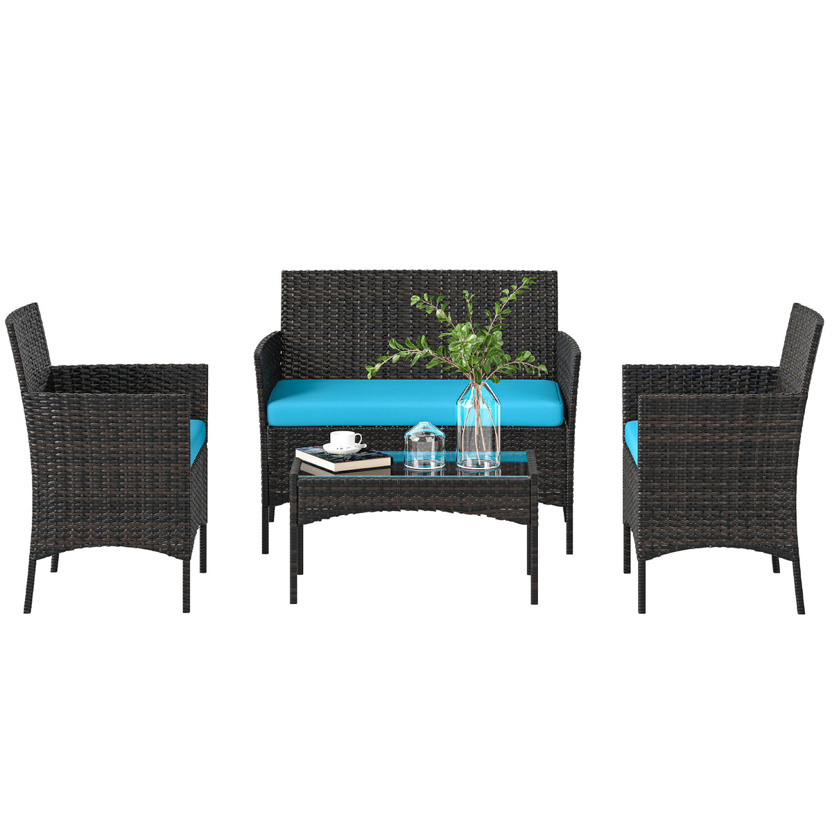 4 Pieces Wicker Outdoor Balcony Furniture Set, Rattan Patio Furniture Set with Loveseat Chairs Glass Coffee Table – Turquoise