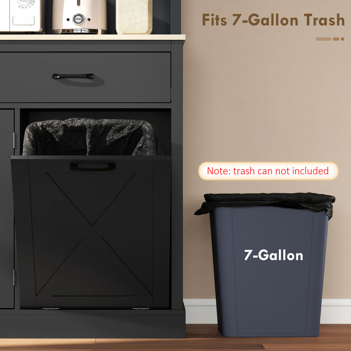 Kitchen Pantry with Charging Station, Microwave Stand and Trash Can Cabinet – 44"W x 69"H