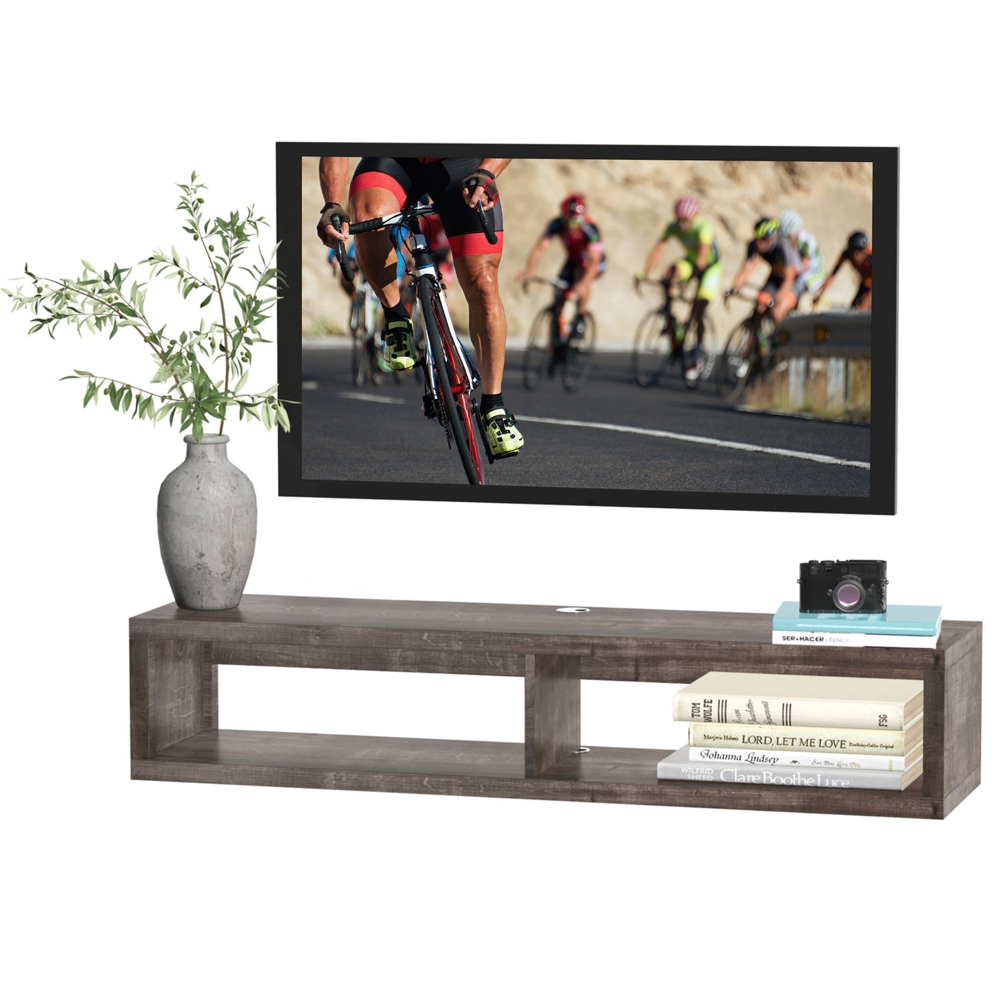 HOMCOM Modern Floating Wall Mounted TV Media Console Shelf Dark Grey Wood
