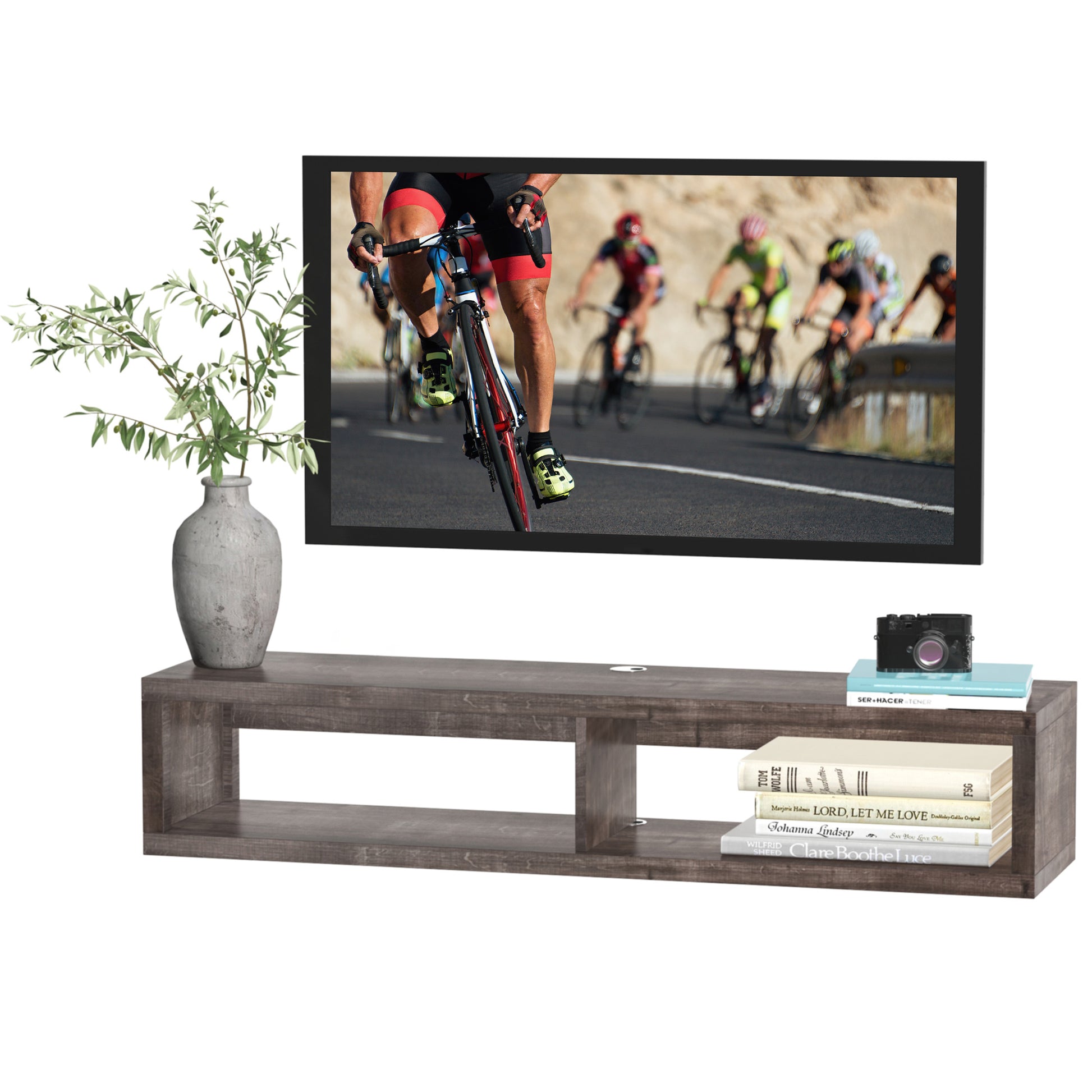 HOMCOM Modern Floating Wall Mounted TV Media Console Shelf Dark Grey Wood