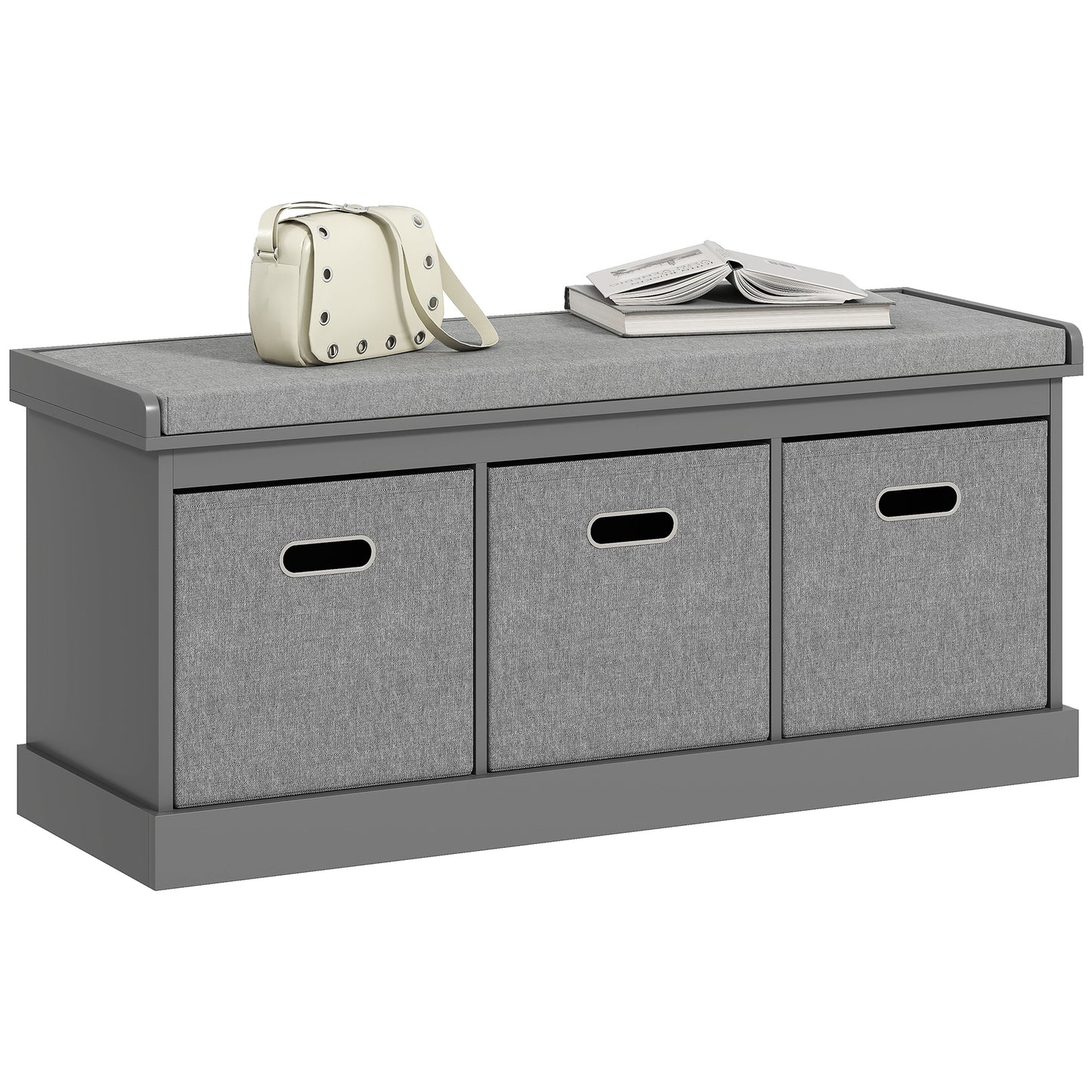HOMCOM Grey Entryway Shoe Storage Bench with Padded Seat, Three Fabric Drawers