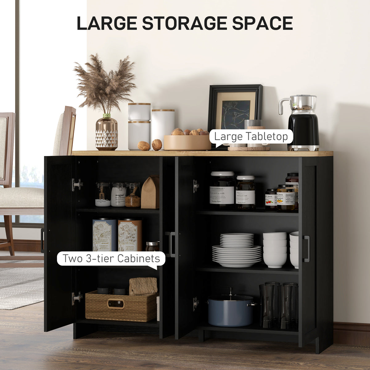 Modern Kitchen Storage Cabinet with 4 Doors Adjustable Shelves – 47"W x 35"H