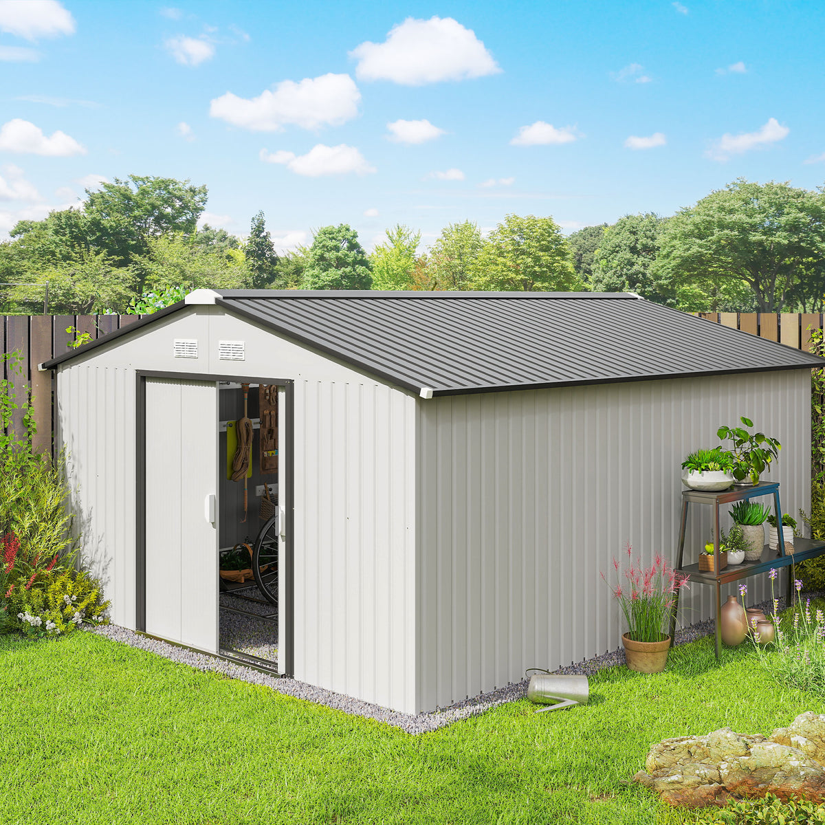 11' x 13'Garden Storage Shed w/ Foundation Kit Metal Tool Storage House w/ Double Doors – White