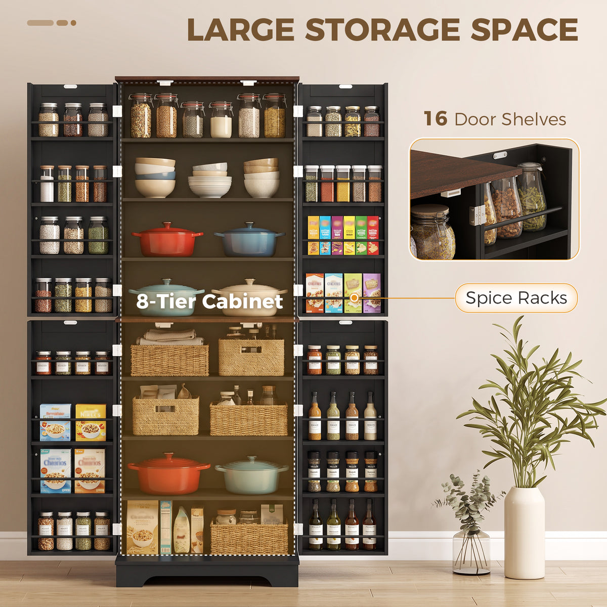Kitchen Pantry Cabinet with Door Shelves and 8 Shelves – 24"W x 65"H