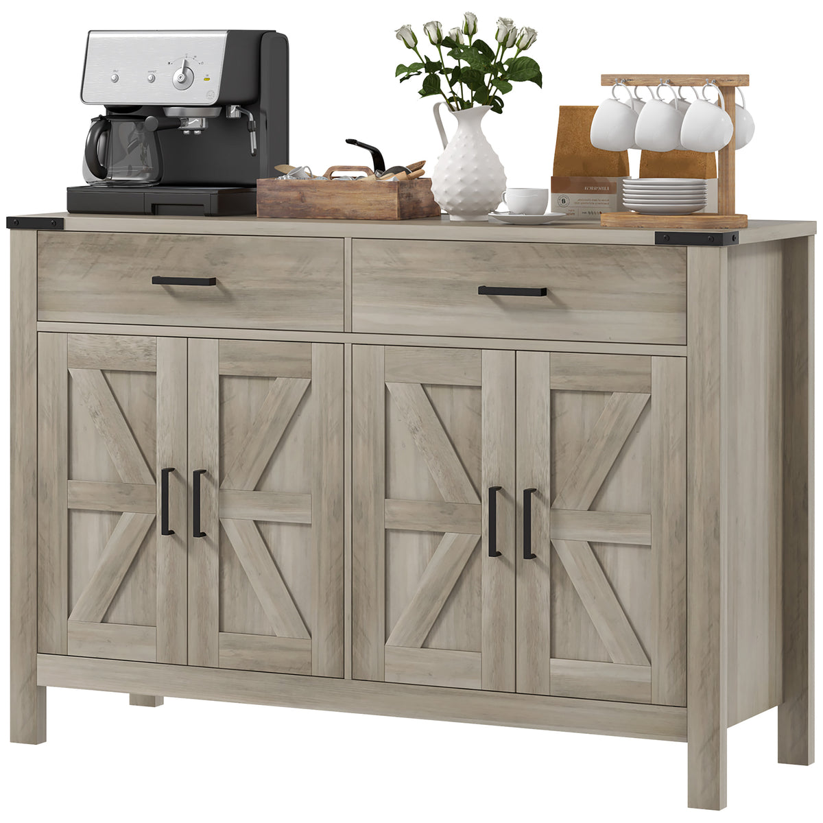 Farmhouse Kitchen Storage Cabinet with 2 Drawers and Shelves – 47"W x 33"H