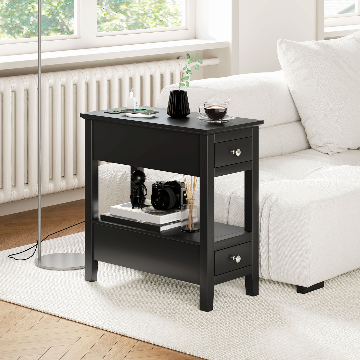 HOMCOM Narrow Side Table: Charging Station, USB, Storage Drawers, Black