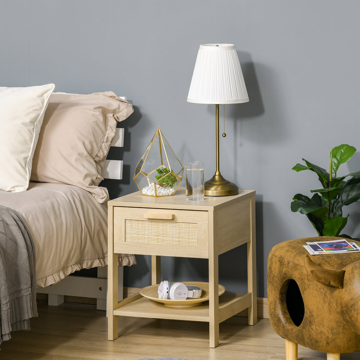 Narrow Rattan Nightstand with Drawer and Shelf – 16"W x 19"H