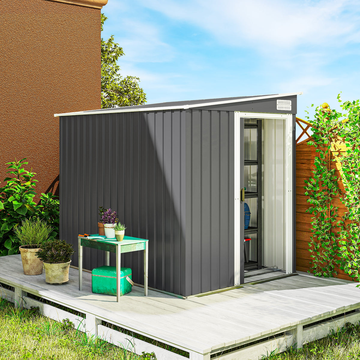 5'x7' Lean to Metal Garden Shed with Foundation, Outdoor Tool Shed with Sliding Door and 2 Vents – Dark Grey
