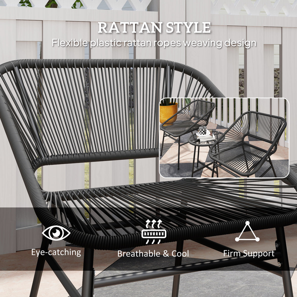 3 Piece Bistro Set, Wicker Outdoor Patio Furniture Set with Glass Top Table, Cushions for Balcony, Porch