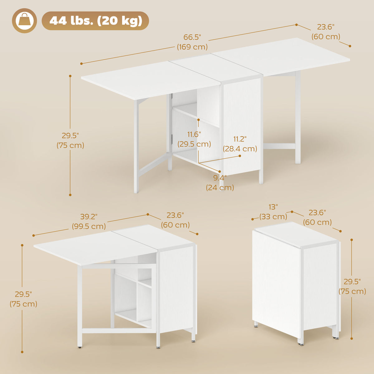 Multi-Use Foldable Dining Table with Hideaway Shelves, 66.5" Drop Leaf Table