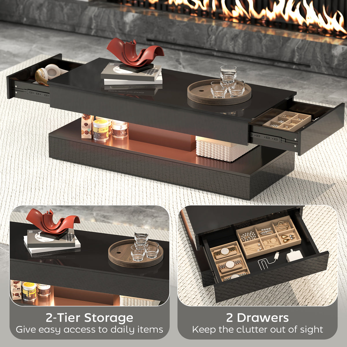 Coffee Table with Adjustable RGB LED Lights, 2 Drawers, Open Shelf and Remote