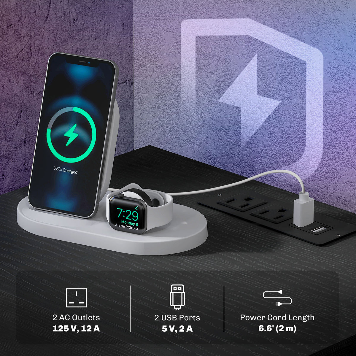 Nightstand with Charging Station and LED Light – 18"W x 18"H