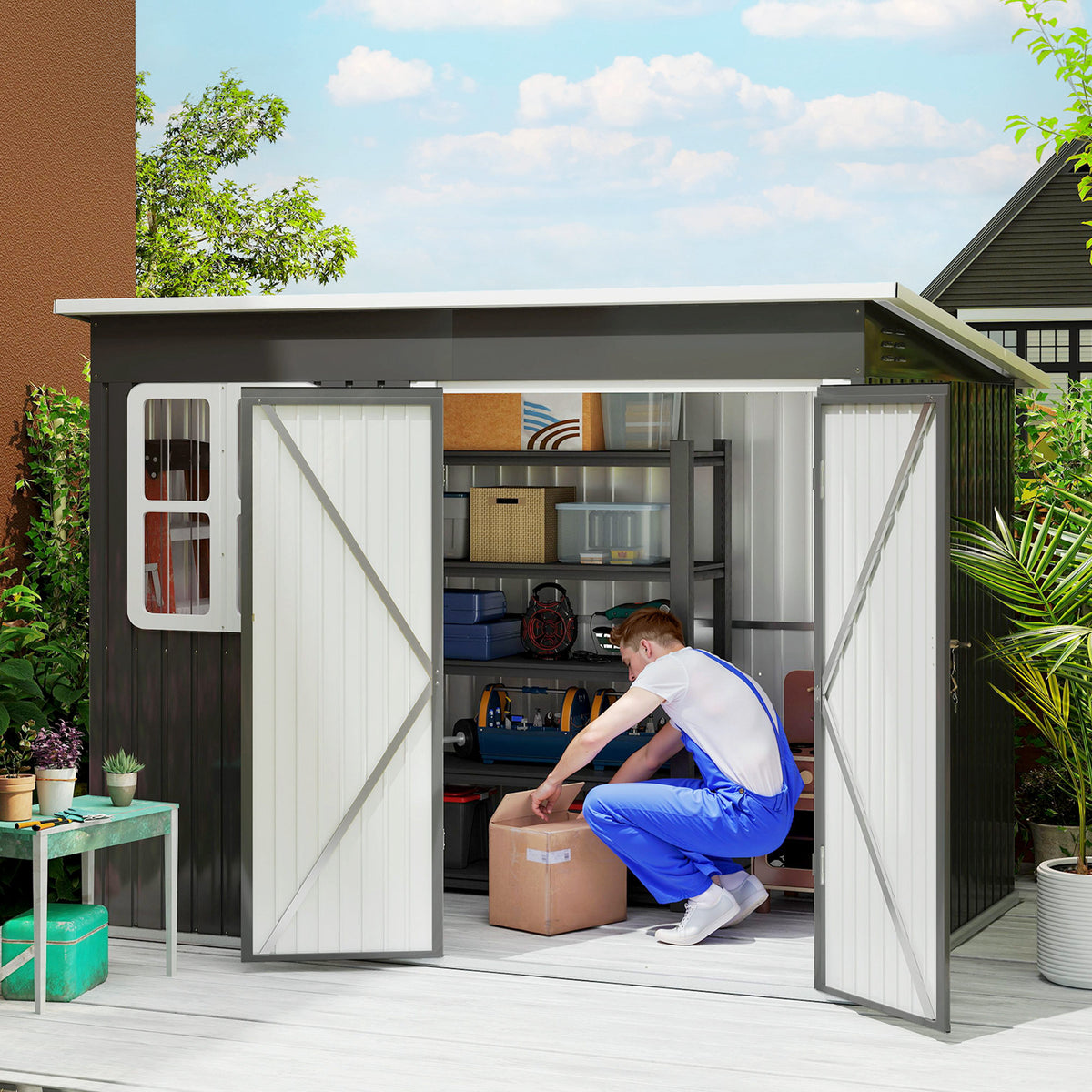 8.5' x 6' Galvanised Steel Outdoor Storage Shed, Garden Shed with Window, Lockable Wide Doors and Air Vents – Dark Grey