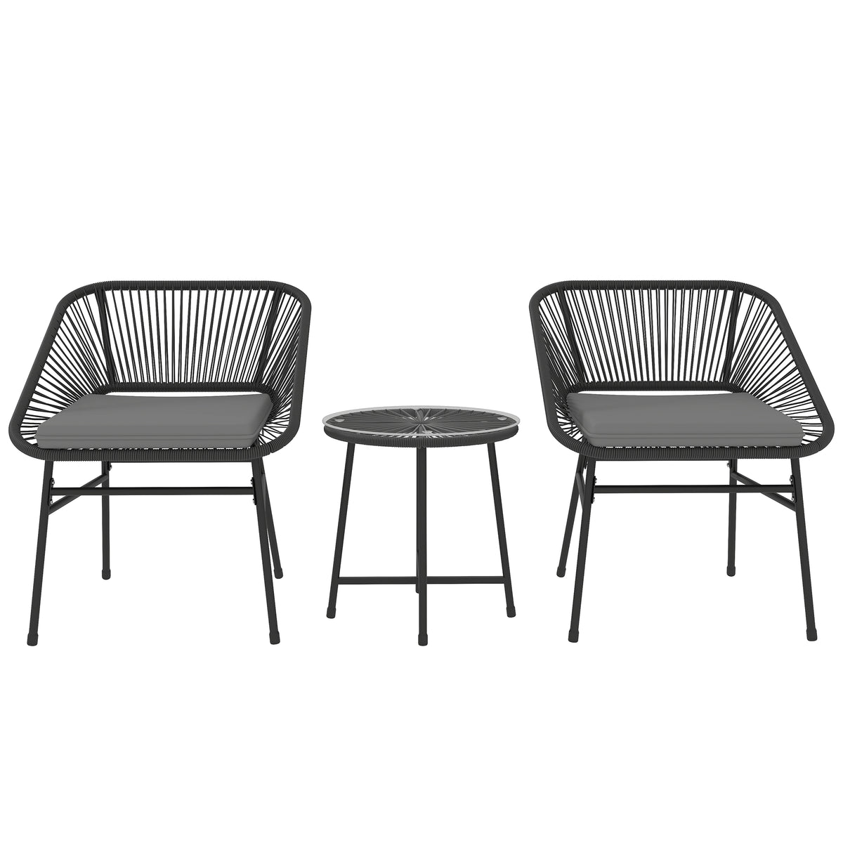 3 Piece Bistro Set, Wicker Outdoor Patio Furniture Set with Glass Top Table, Cushions for Balcony, Porch