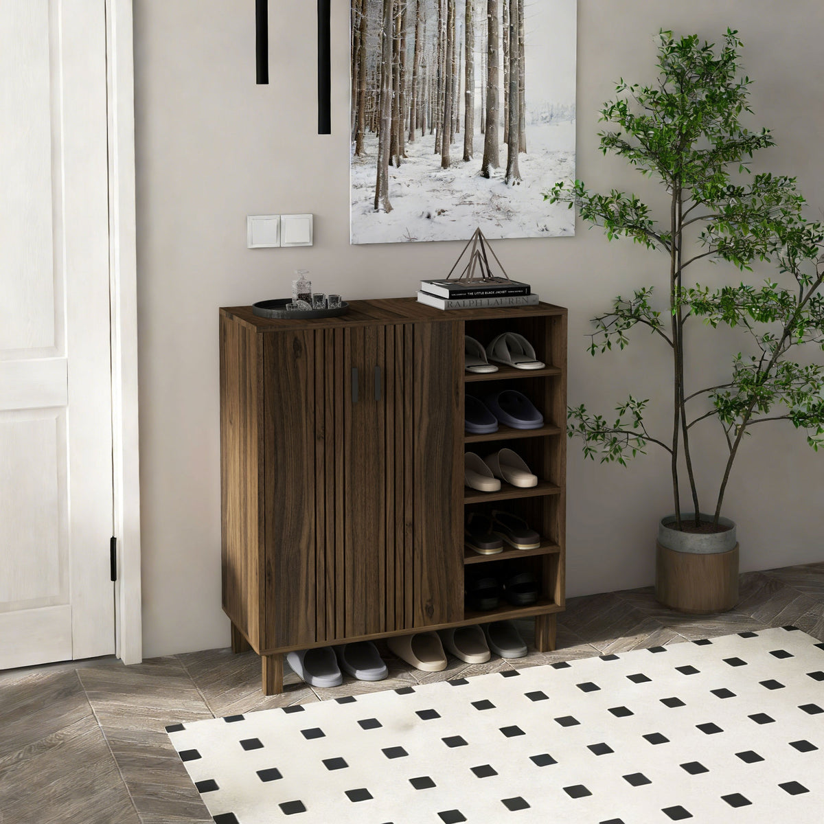 Shoe Cabinet with Double Doors and Open Shelves – 32"W x 35"H