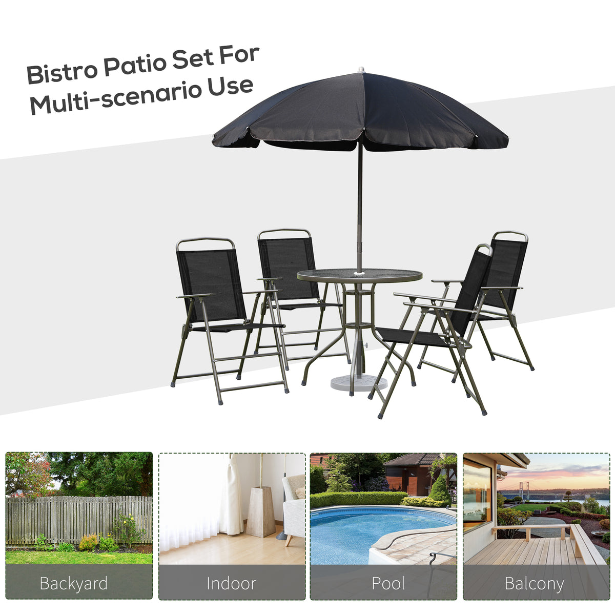 6 Pieces Outdoor Dining Set for 4 with Umbrella Patio Outdoor Furniture Set with Round Table 4 Folding Chairs