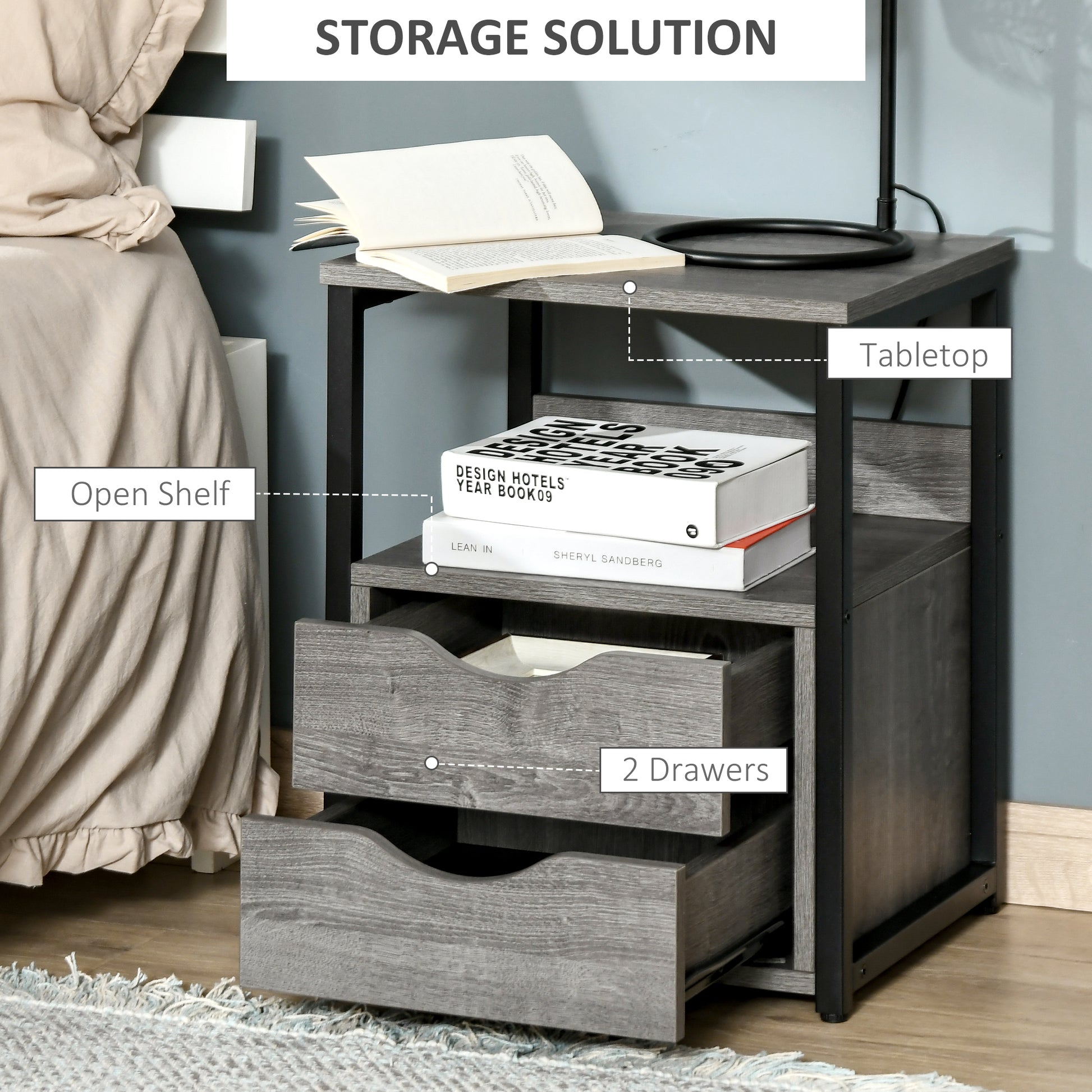 HOMCOM Industrial Grey Nightstand Side Table, 2 Drawers, Open Storage Shelf, Metal Frame