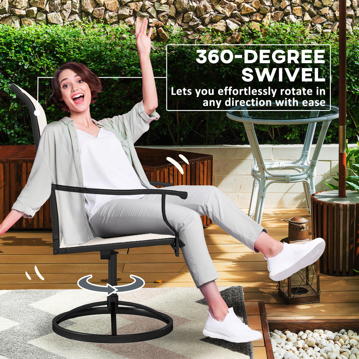Outdoor Swivel Dining Chairs Set of 2, High Back Swivel Chairs with All Weather Mesh for Deck, Backyard, Poolside – White