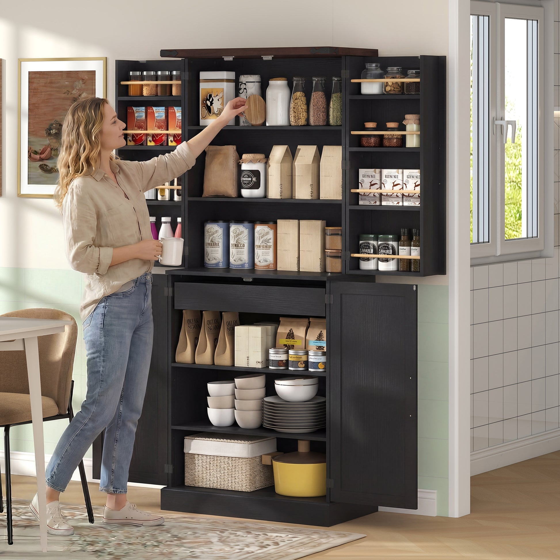 HOMCOM Tall Kitchen Pantry Cabinet Farmhouse Black