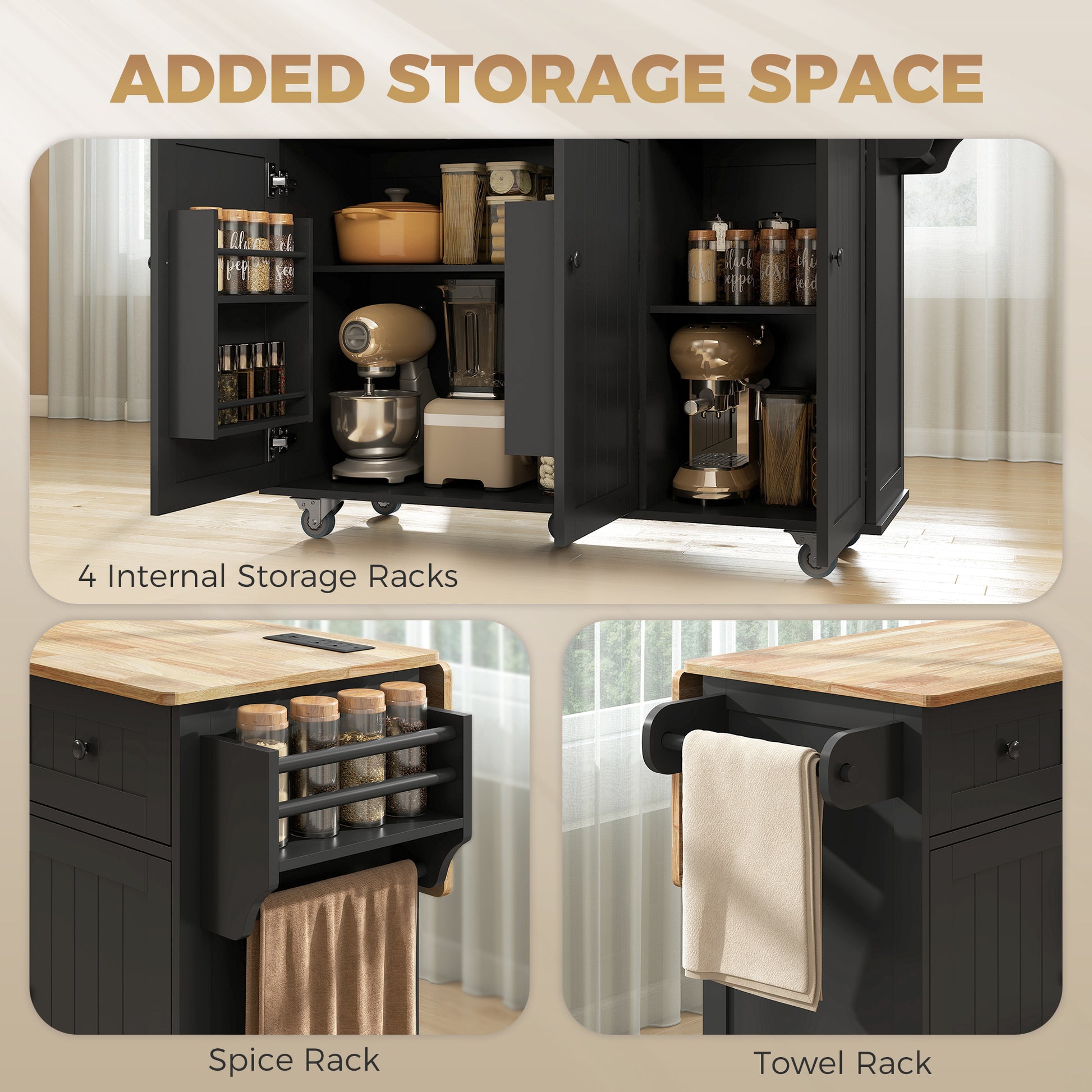 HOMCOM Kitchen Island with Drop Leaf, Charging Station, Black