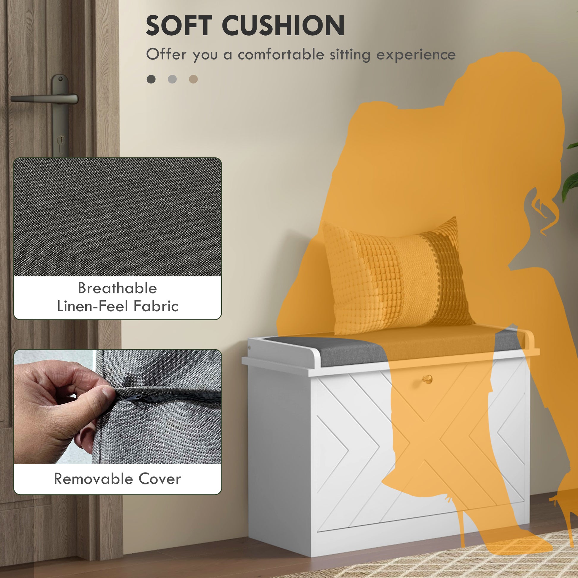 HOMCOM Upholstered Hallway Shoe Storage Bench with Flip Drawer, Adjustable Shelf