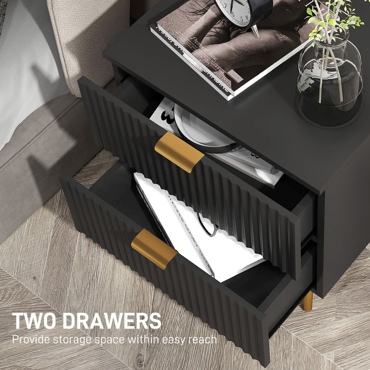Modern 2-Drawer Nightstand with Metal Legs – 19"W x 22"H
