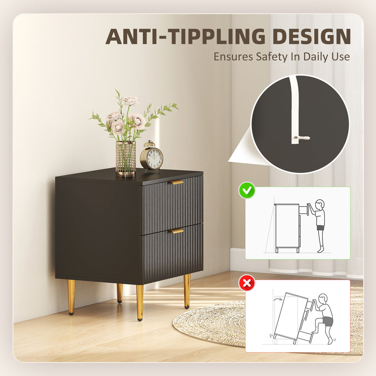 Modern 2-Drawer Nightstands with Metal Legs, Set of 2 – 19"W x 22"H