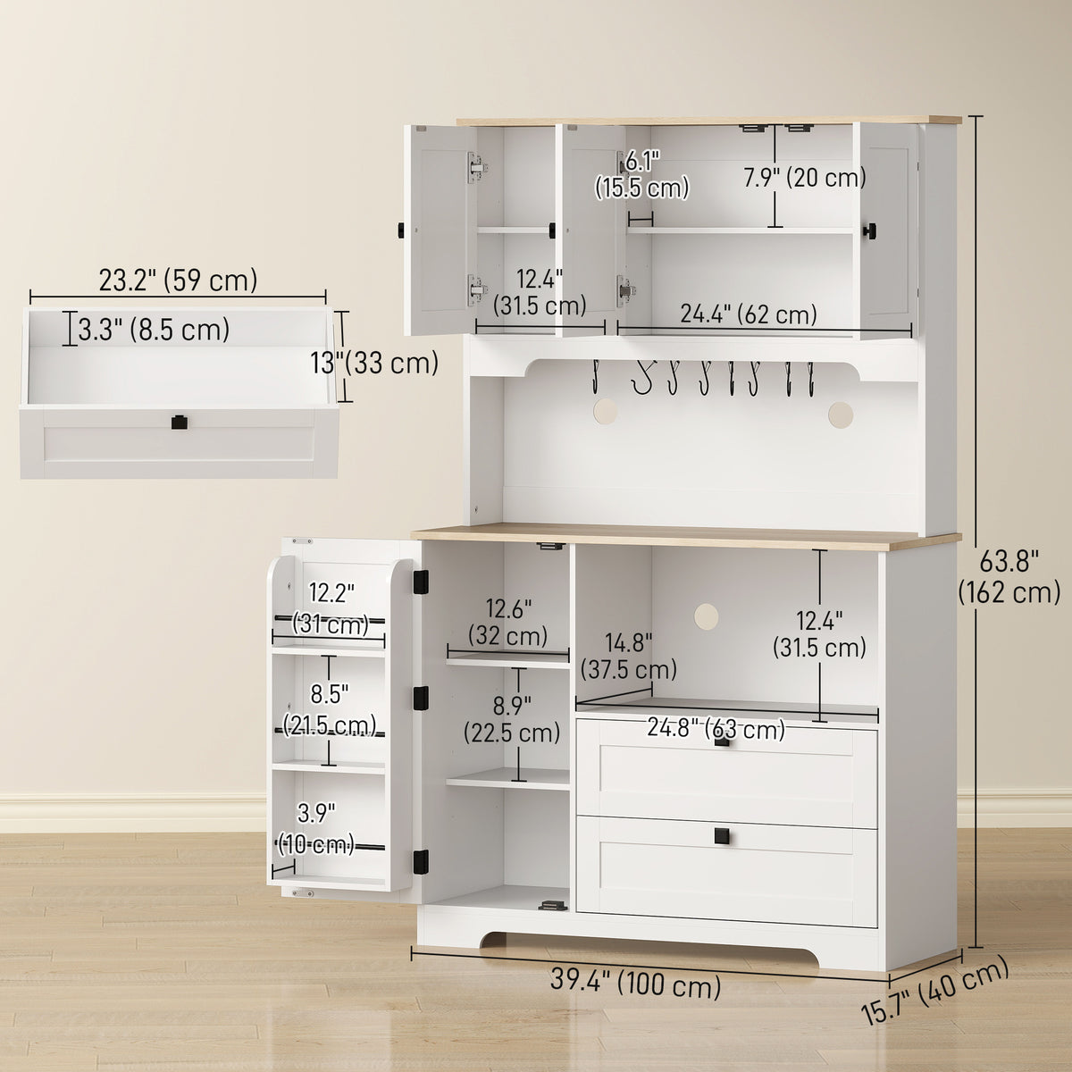 Tall Kitchen Hutch with 3 Cabinets – 39"W x 64"H