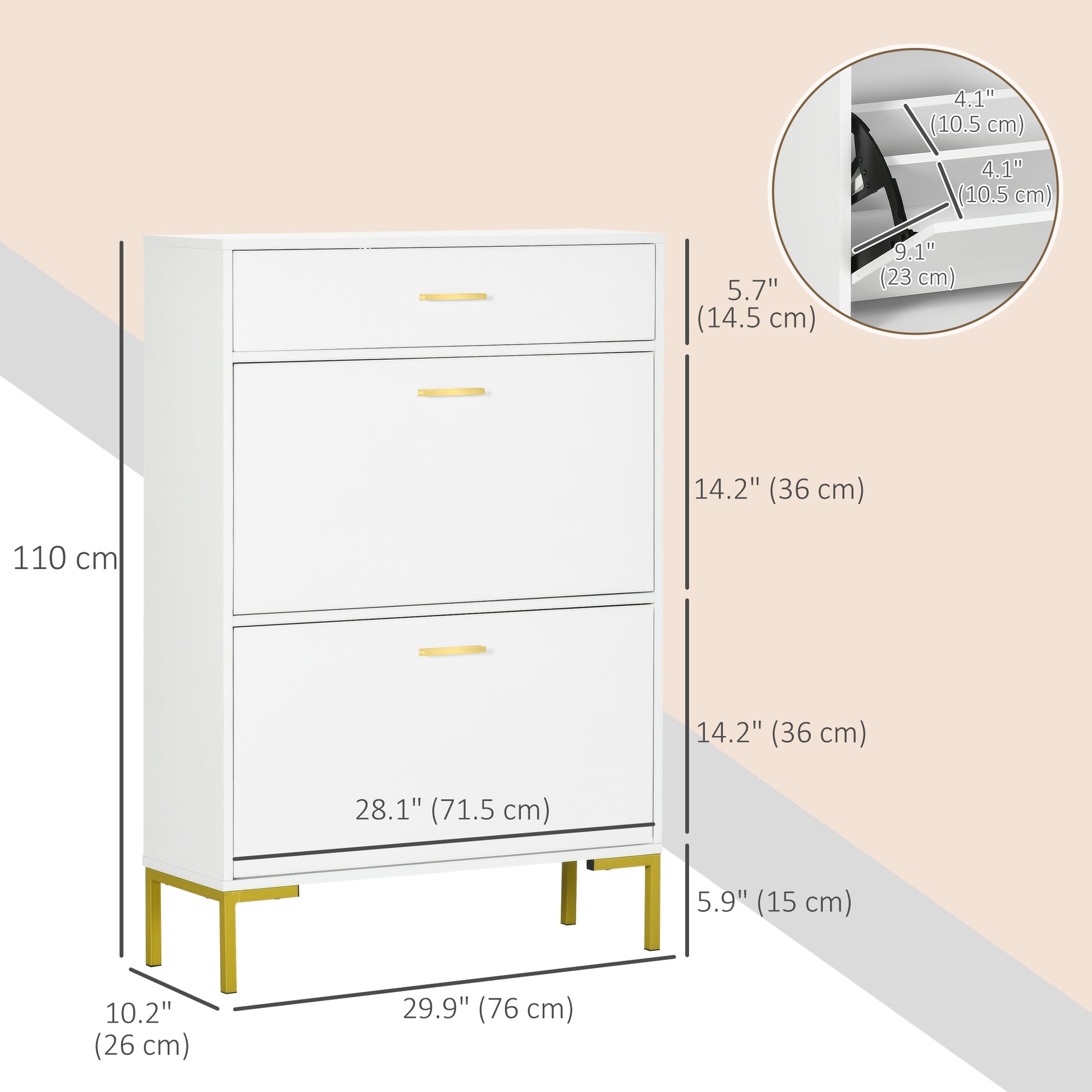 Modern White Shoe Cabinet: 12-Pair Storage, Flip Doors, Drawer, Adjustable Shelf