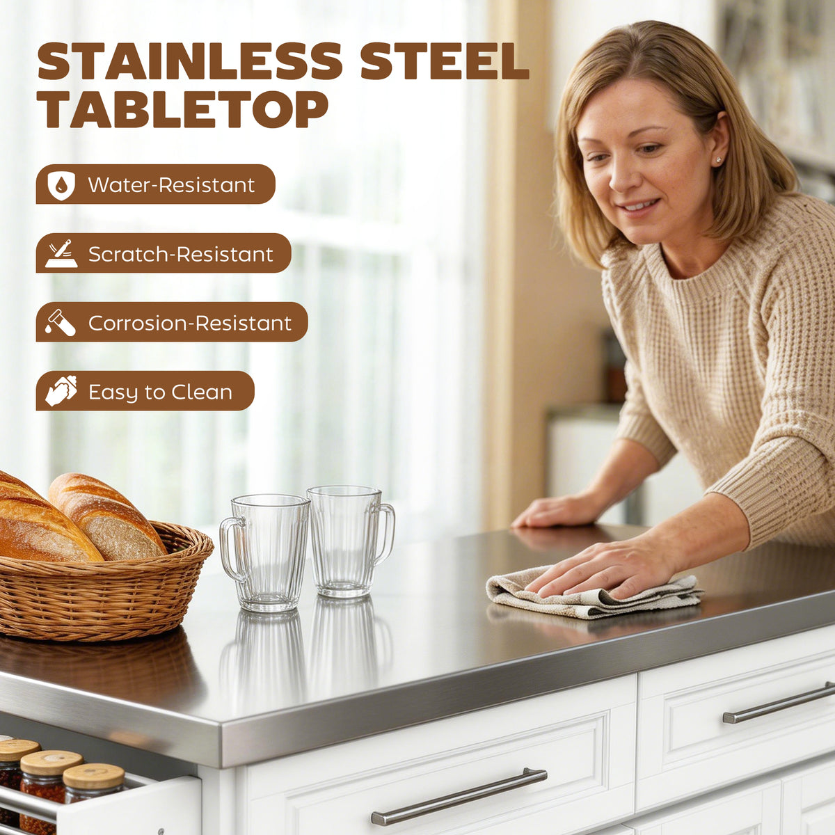 Kitchen Island with Stainless Steel Top – 57"W x 36"H