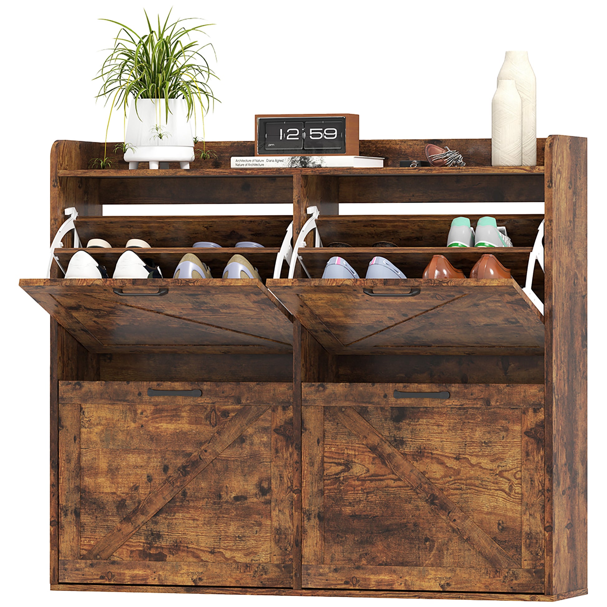 Slim Farmhouse Shoe Cabinet with 4 Flip Drawers, Adjustable Shelves for 16 Pairs