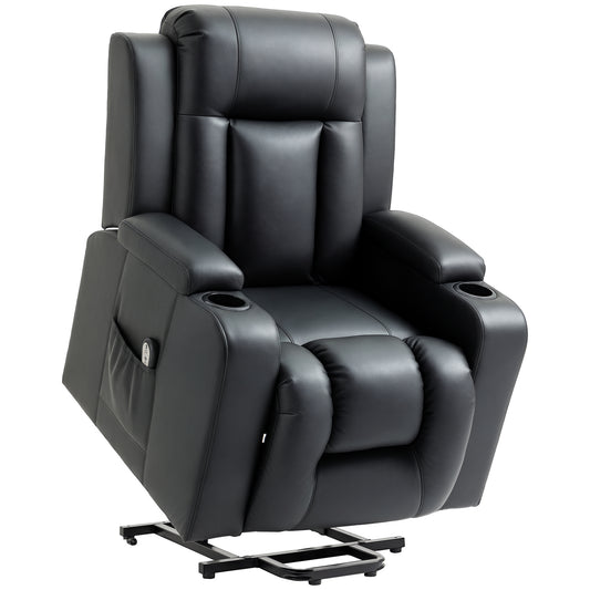 HOMCOM Electric Power Lift Recliner Chair, Black PU Leather, Footrest, Cup Holders