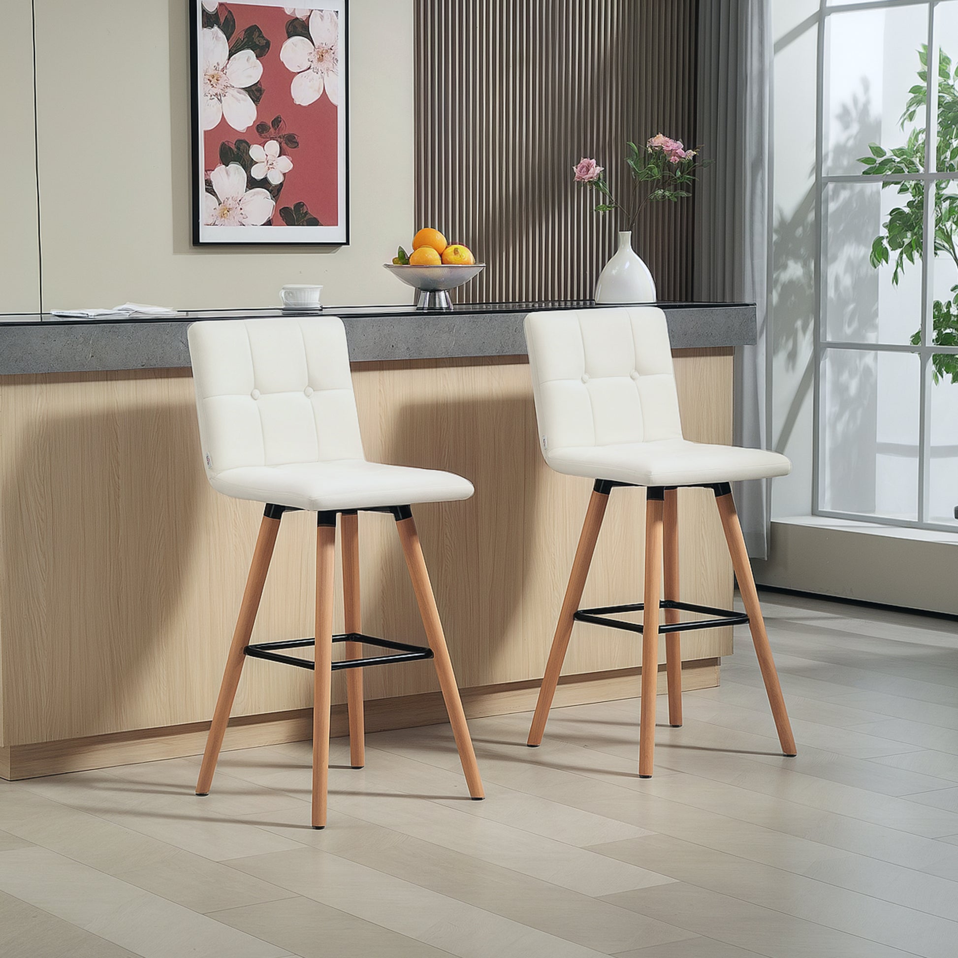 Stylish Upholstered Modern Kitchen Bar Stools Set of 2, Solid Wood Legs