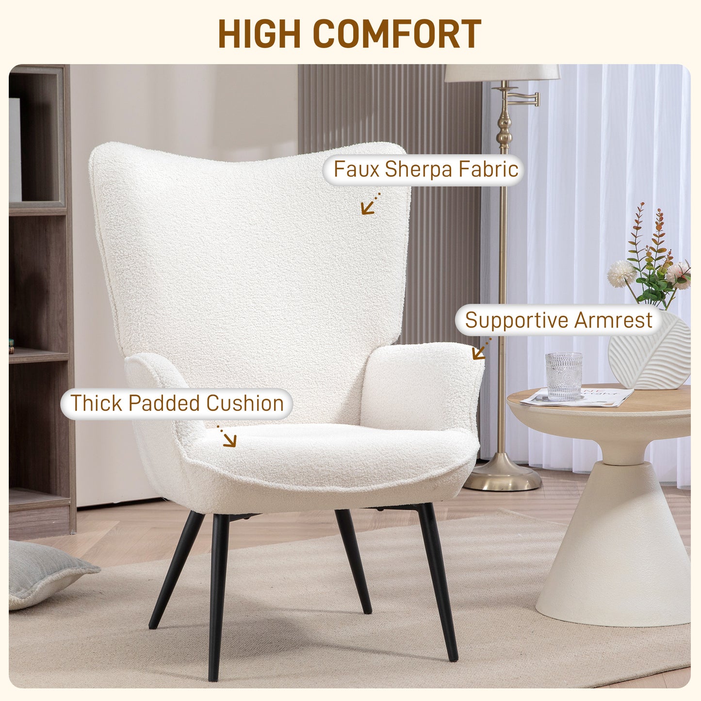 HOMCOM Accent Sherpa Upholstered Fluffy Wingback Chair for Living Room Reading Nook Cream