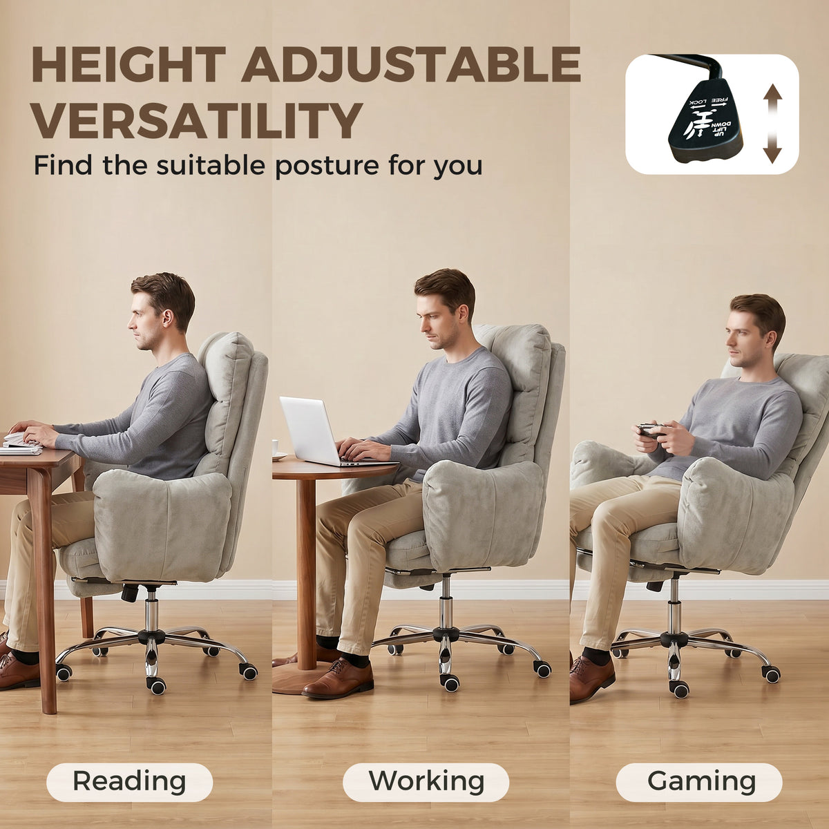 Office Chair with Footrest, Ergonomic Reclining Computer Gaming Chair with Snow Flannel Fabric, Light Grey