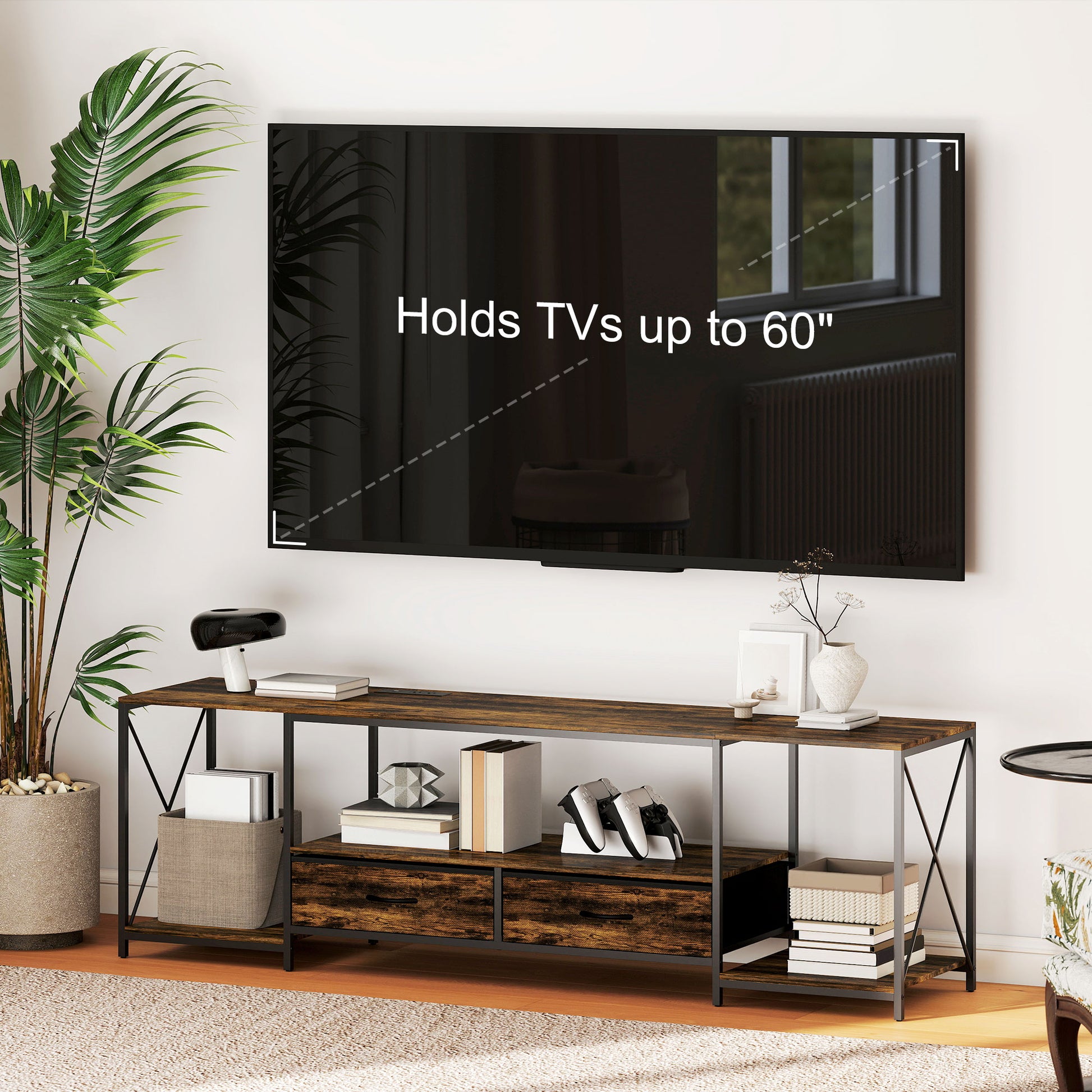 HOMCOM Industrial TV Stand with RGB LED Lights Rustic Brown