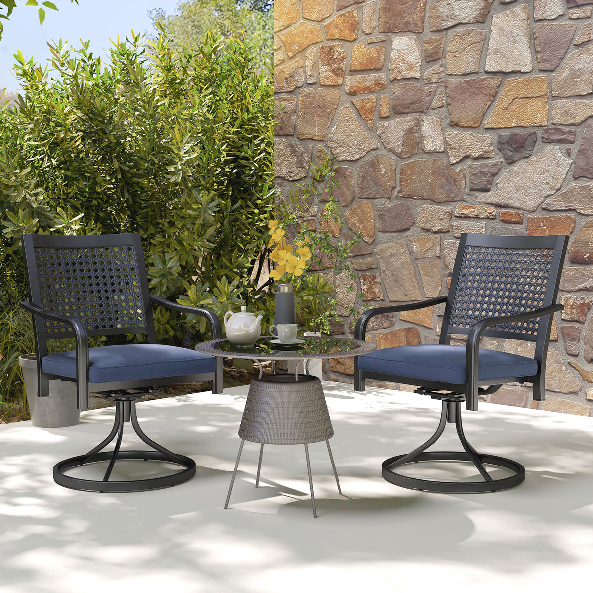 2 Pieces Patio Swivel Chairs with Cushion, Outdoor Swivel Rocker with Curved Armrests, Backrest for Garden, Balcony, Porch