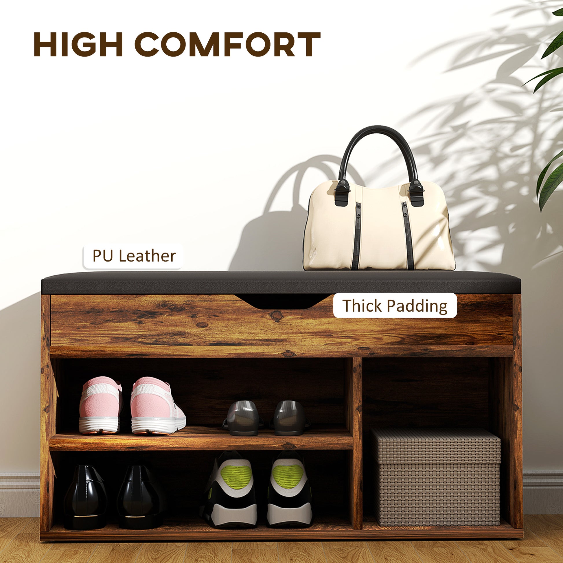 HOMCOM Rustic Brown Entryway Shoe Bench Padded Seat, Hidden Storage & 3-Tier Rack