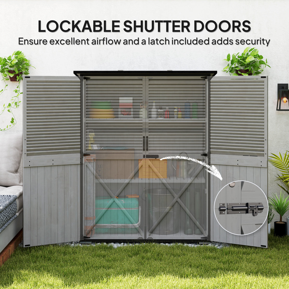 Outdoor Storage Cabinet, Wood Garden Shed with Steel Frame, Asphalt Roof, 2 Shelves and Lockable Doors