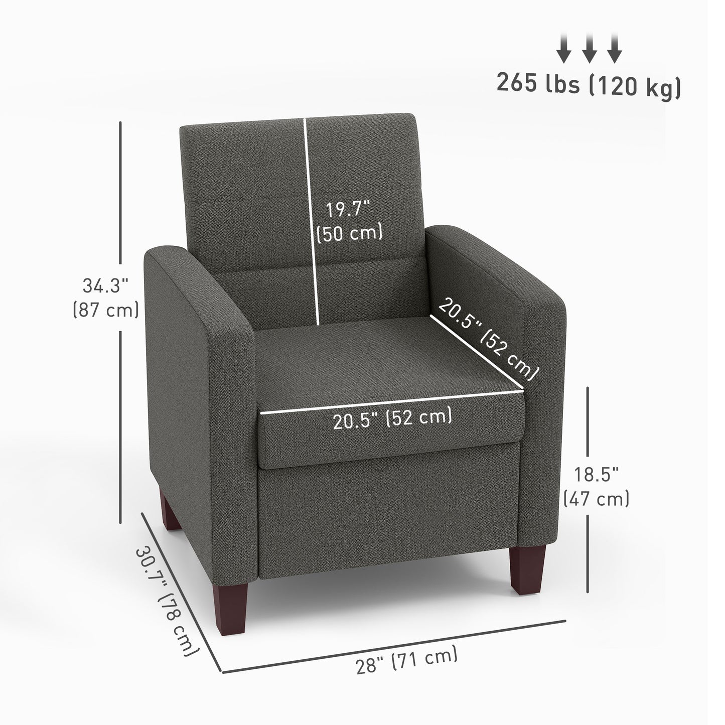 HOMCOM Modern Dark Grey Fabric Accent Chair, Cushioned Seat, Non-Slip Pads