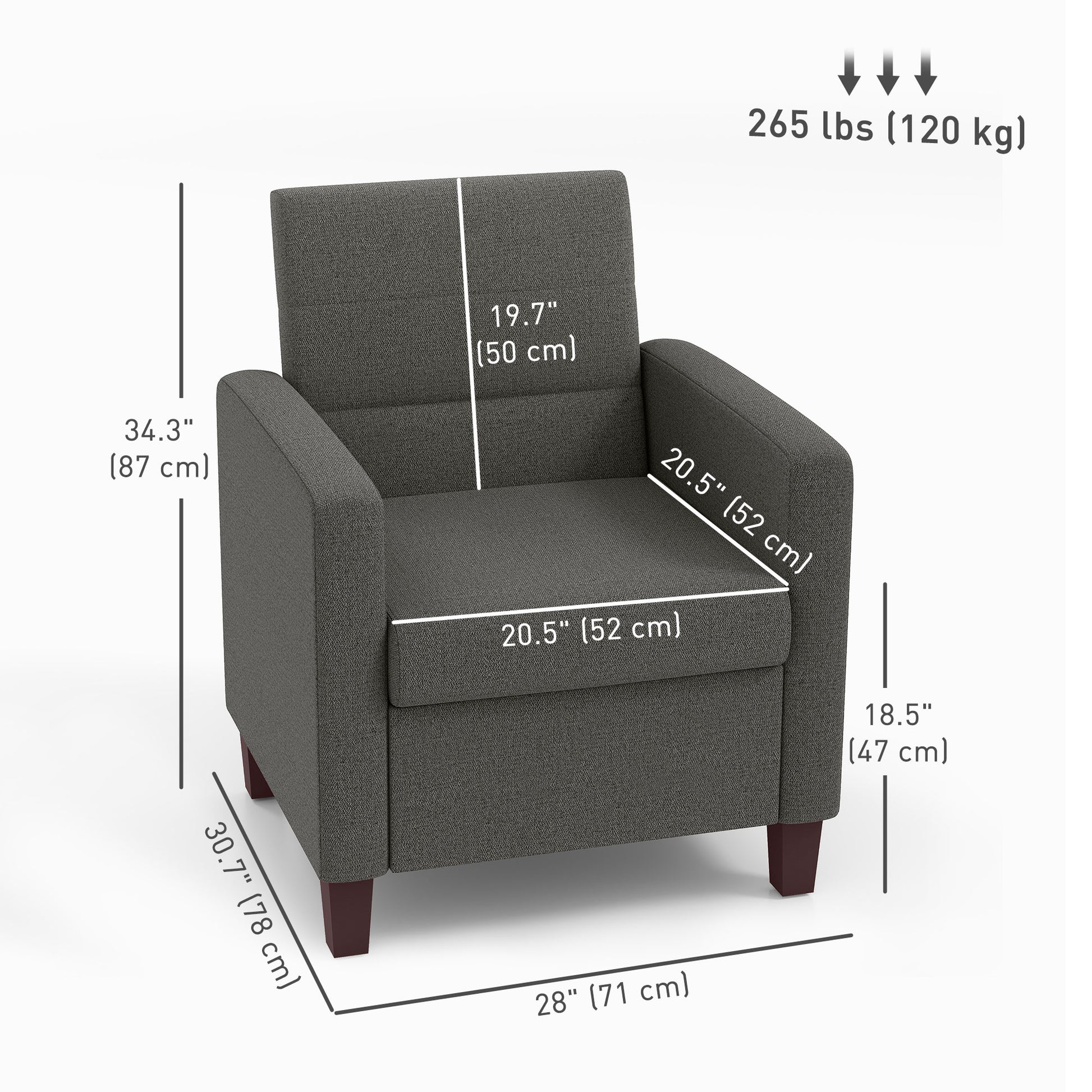 HOMCOM Modern Dark Grey Fabric Accent Chair, Cushioned Seat, Non-Slip Pads