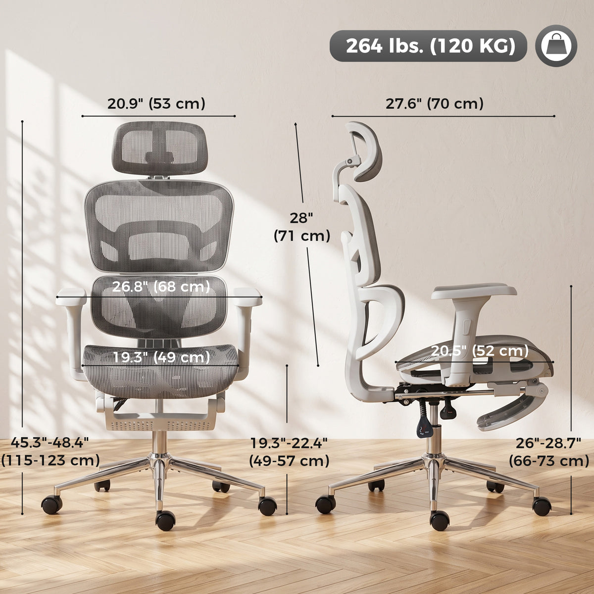 Ergonomic Office Chair with Lumbar Support, 2D Headrest, Mesh Reclining Desk Chair with Footrest, Grey