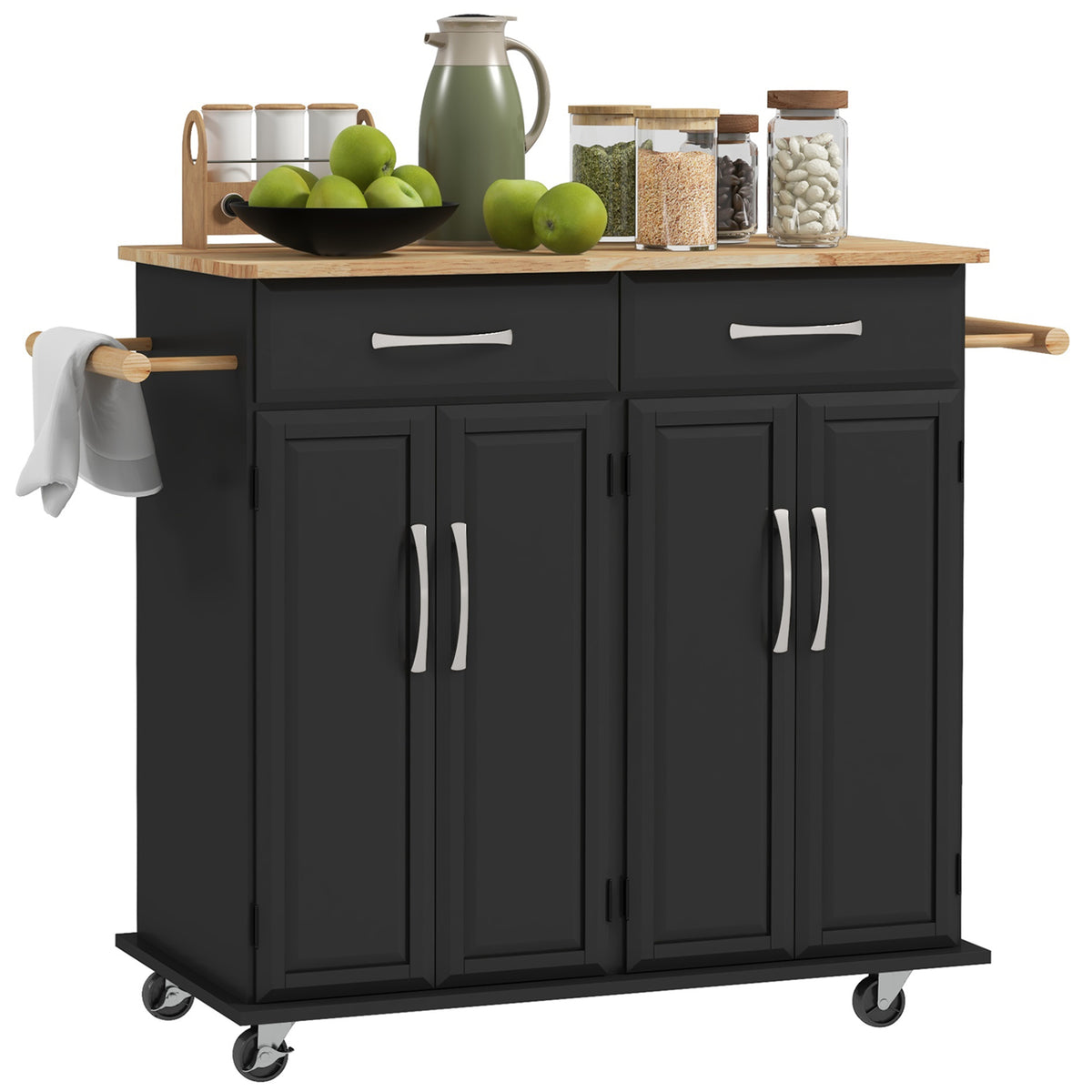 Kitchen Island on Wheels with Rubberwood Top – 44"W x 36"H