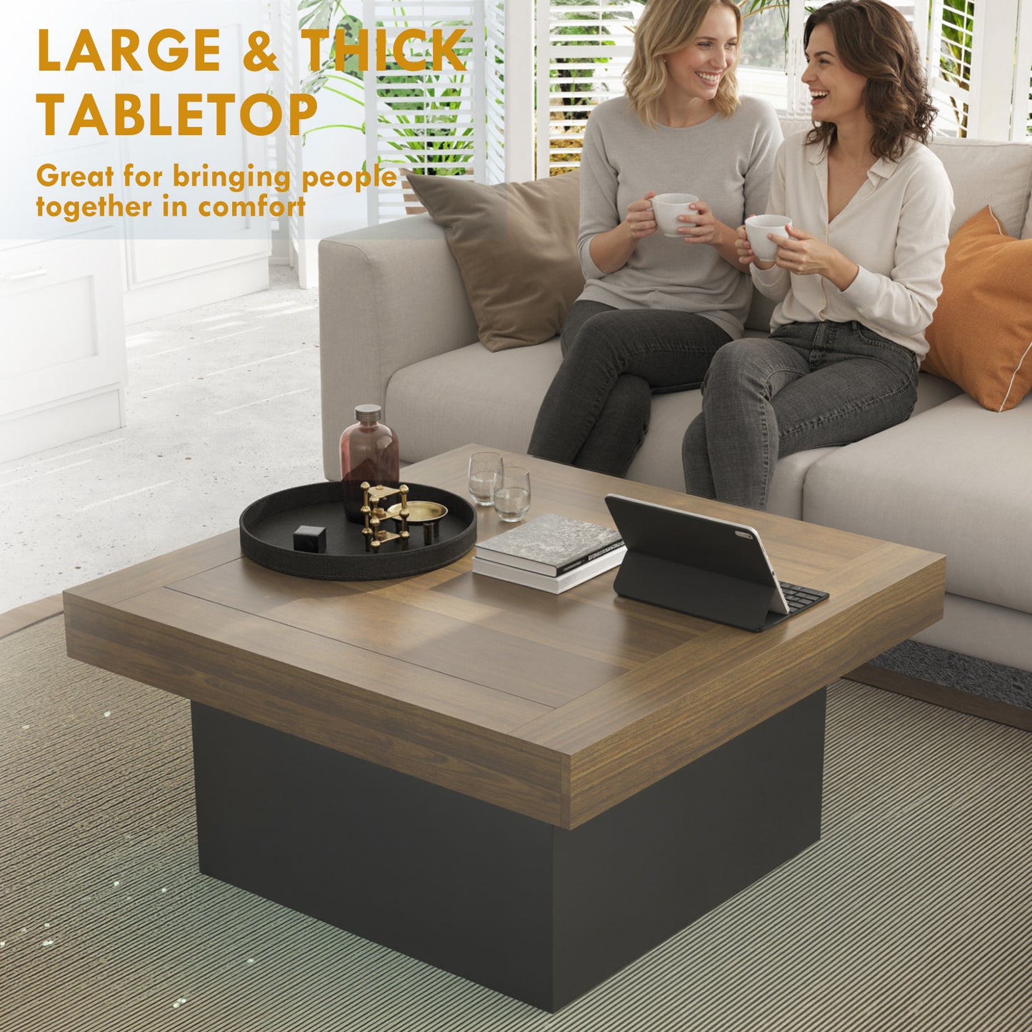 HOMCOM Modern Square Coffee Table with RGB LED Lights, Walnut Finish
