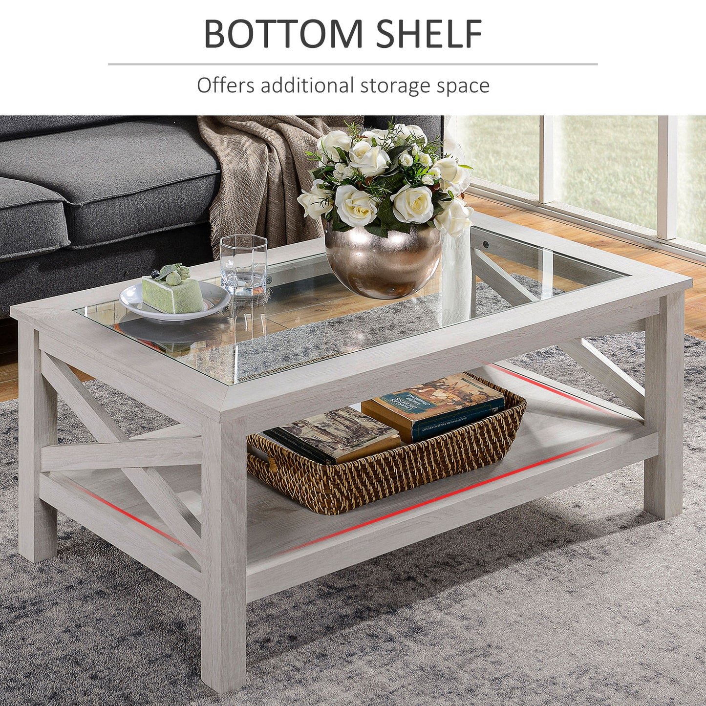 HOMCOM Farmhouse Coffee Table: Tempered Glass Top, Two-Tier Storage Shelf